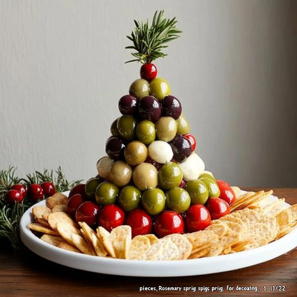 Festive Antipasto Christmas Tree Cheese Ball decorated with herbs and toppings.