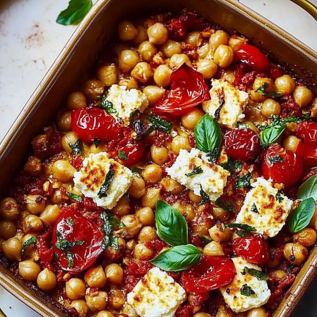 Baked feta served with seasoned chickpeas in a dish