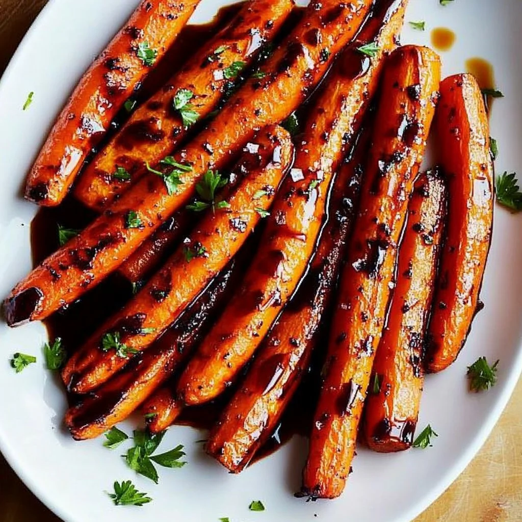 Delicious balsamic glazed carrots drizzled with a rich sauce.
