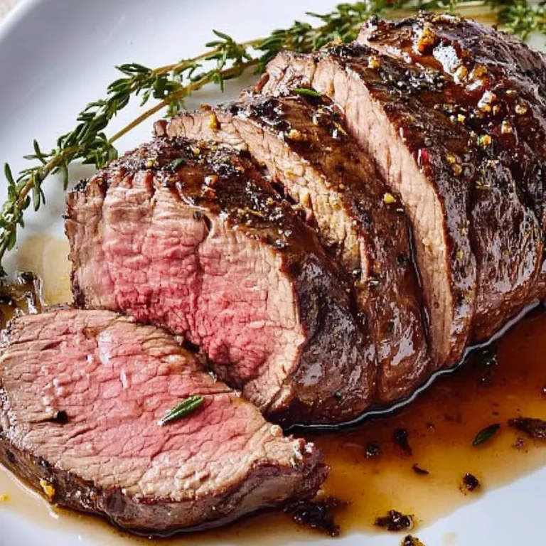 Succulent beef tenderloin cooked to perfection, garnished and served on a plate.