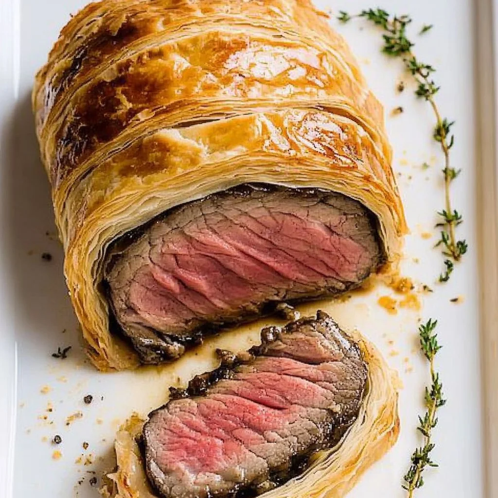 Delicious Beef Wellington served with a side of vegetables.