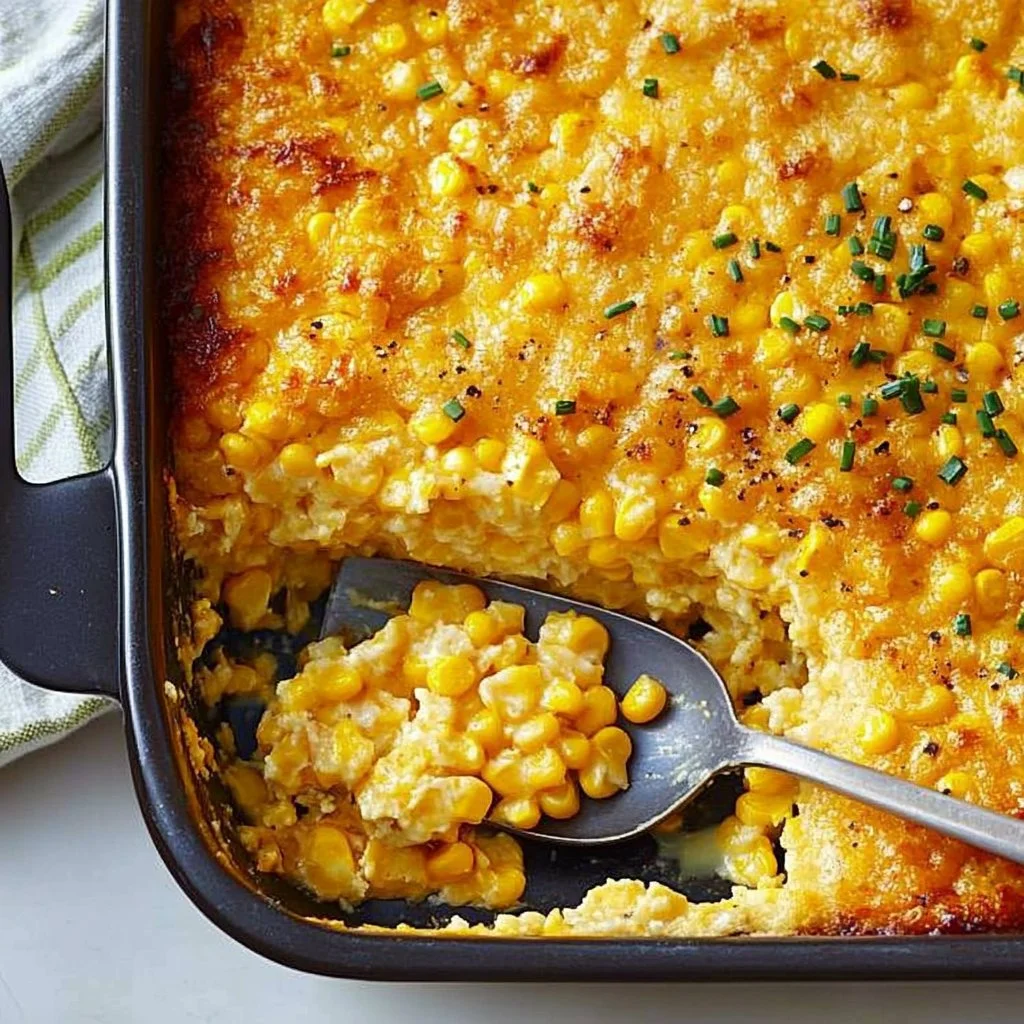 Delicious homemade corn casserole served in a baking dish