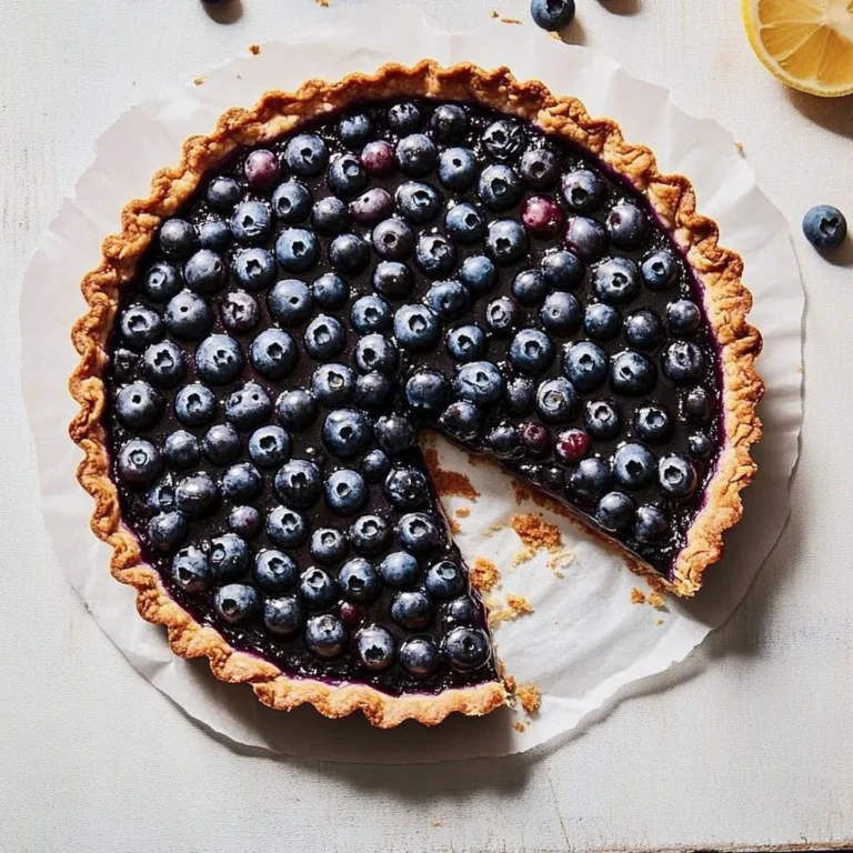 Blueberry tart featuring a brown butter crust, fresh blueberries, and a golden finish.