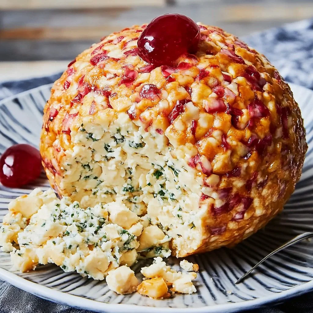 Delicious Cheese Ball served with crackers and garnished with herbs