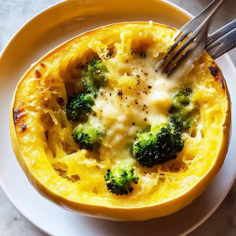 Cheesy Broccoli Cheddar Spaghetti Squash dish topped with fresh broccoli.