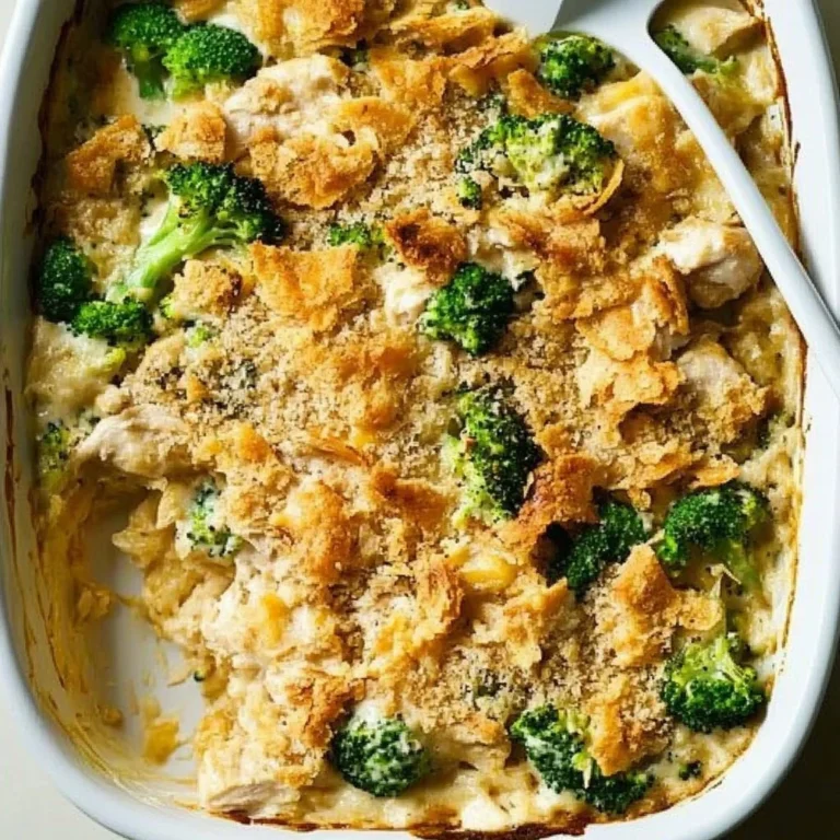 Cheesy Chicken and Broccoli Casserole in a baking dish with melted cheese