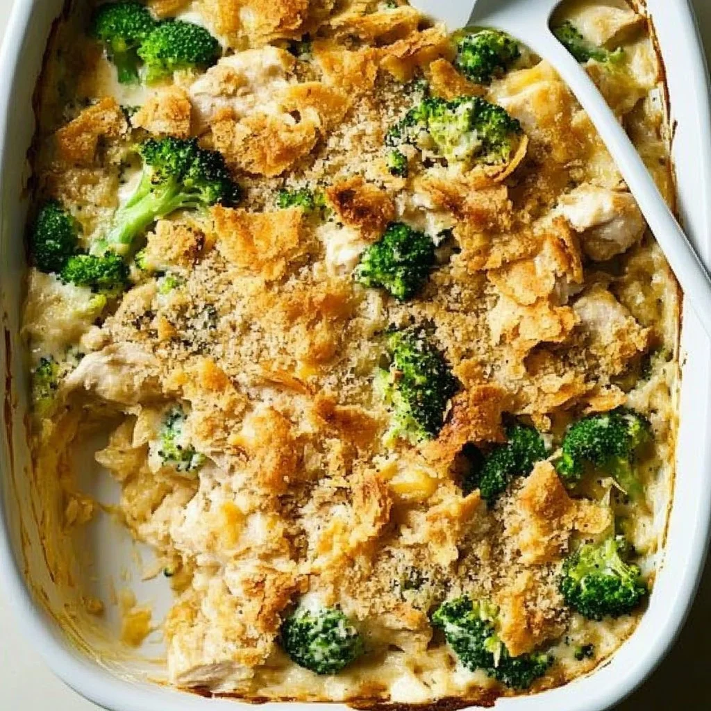 Cheesy Chicken and Broccoli Casserole in a baking dish with melted cheese