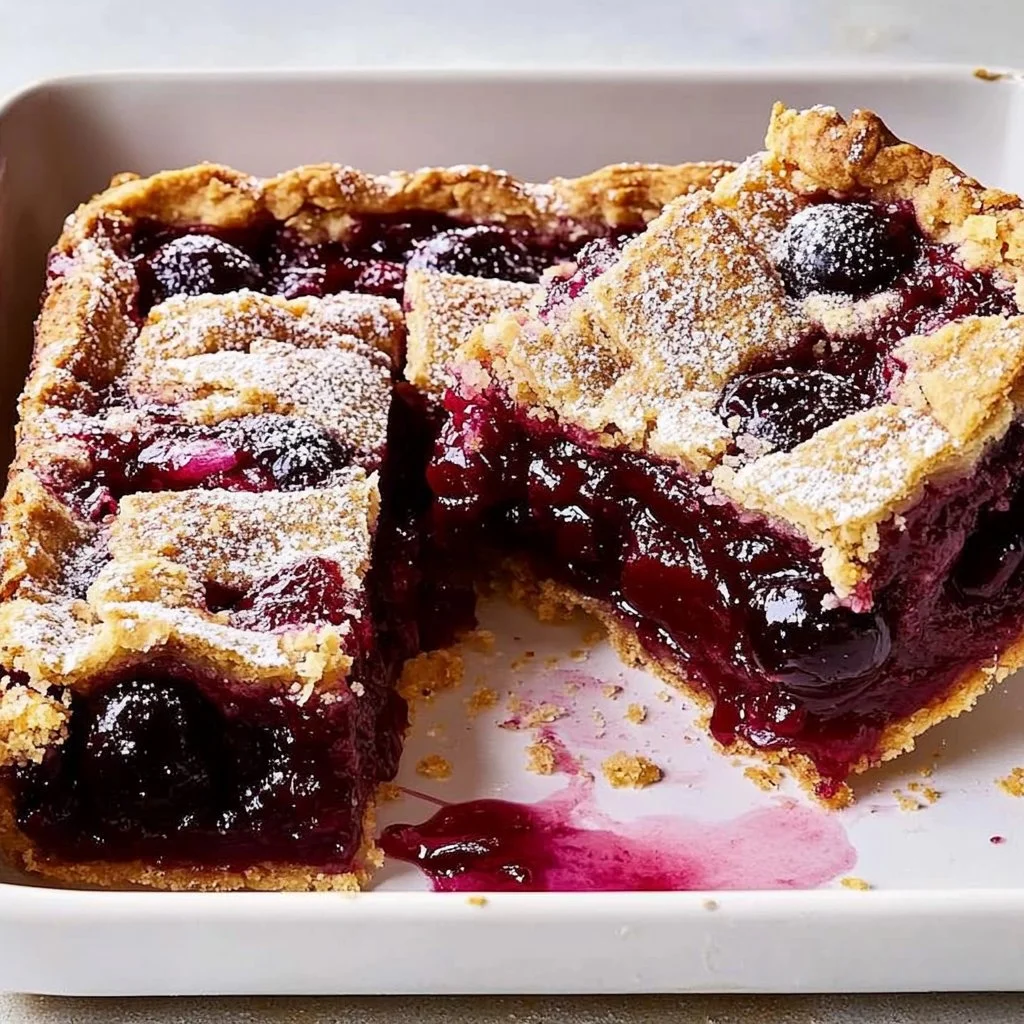 Delicious homemade Cherry Pie Slab Bars on a rustic wooden table