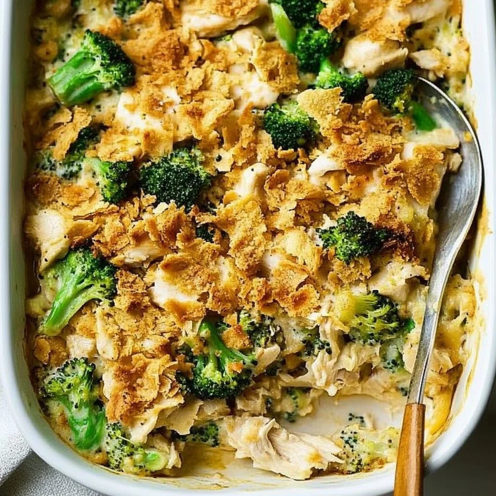 Delicious Chicken Broccoli Casserole topped with cheese and herbs
