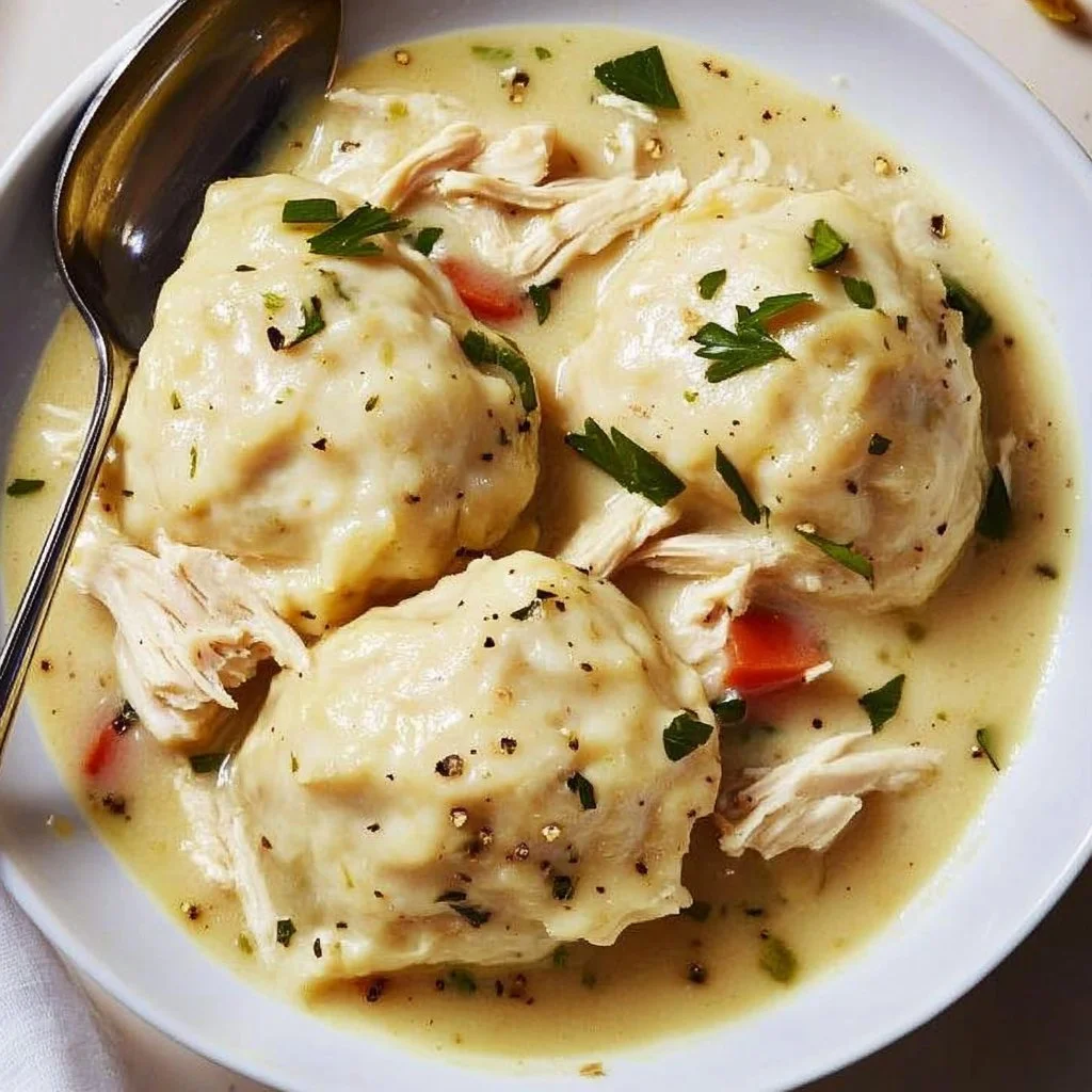 Delicious bowl of Chicken & Dumplings topped with fresh herbs