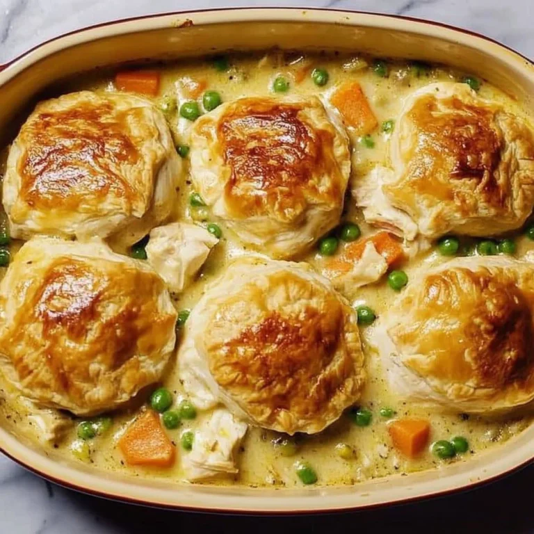 Delicious chicken pot pie casserole with chicken, vegetables, and flaky crust