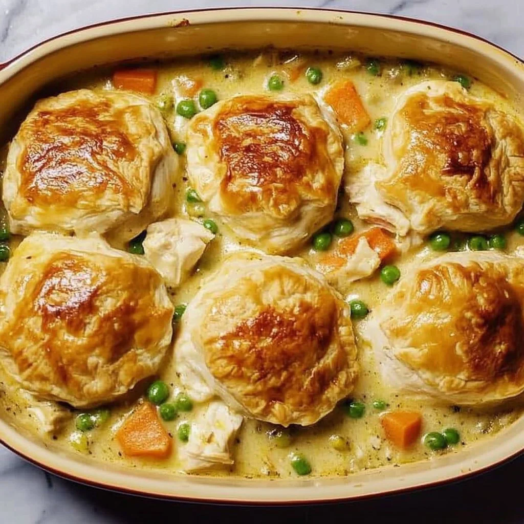 Delicious chicken pot pie casserole with chicken, vegetables, and flaky crust