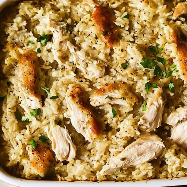 Delicious Chicken Rice Casserole topped with crispy cheese and herbs