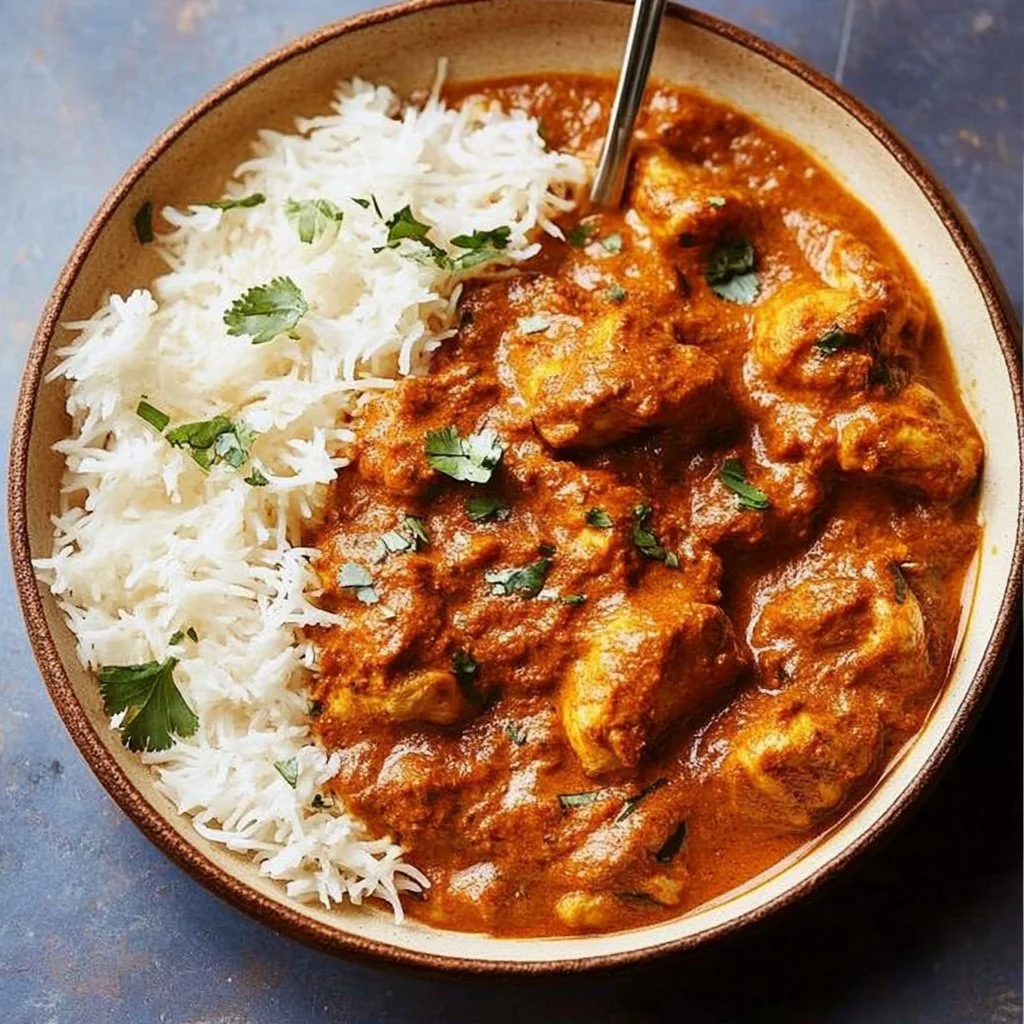 Plate of Chicken Tikka Masala garnished with cilantro and served with naan