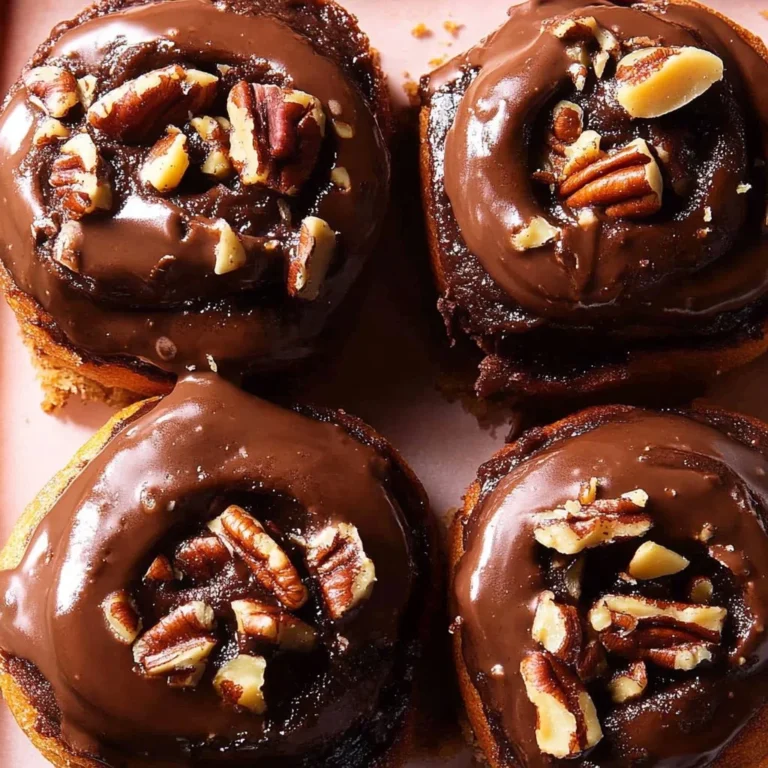Homemade Chocolate Pecan Cinnamon Rolls topped with chocolate drizzle and pecans