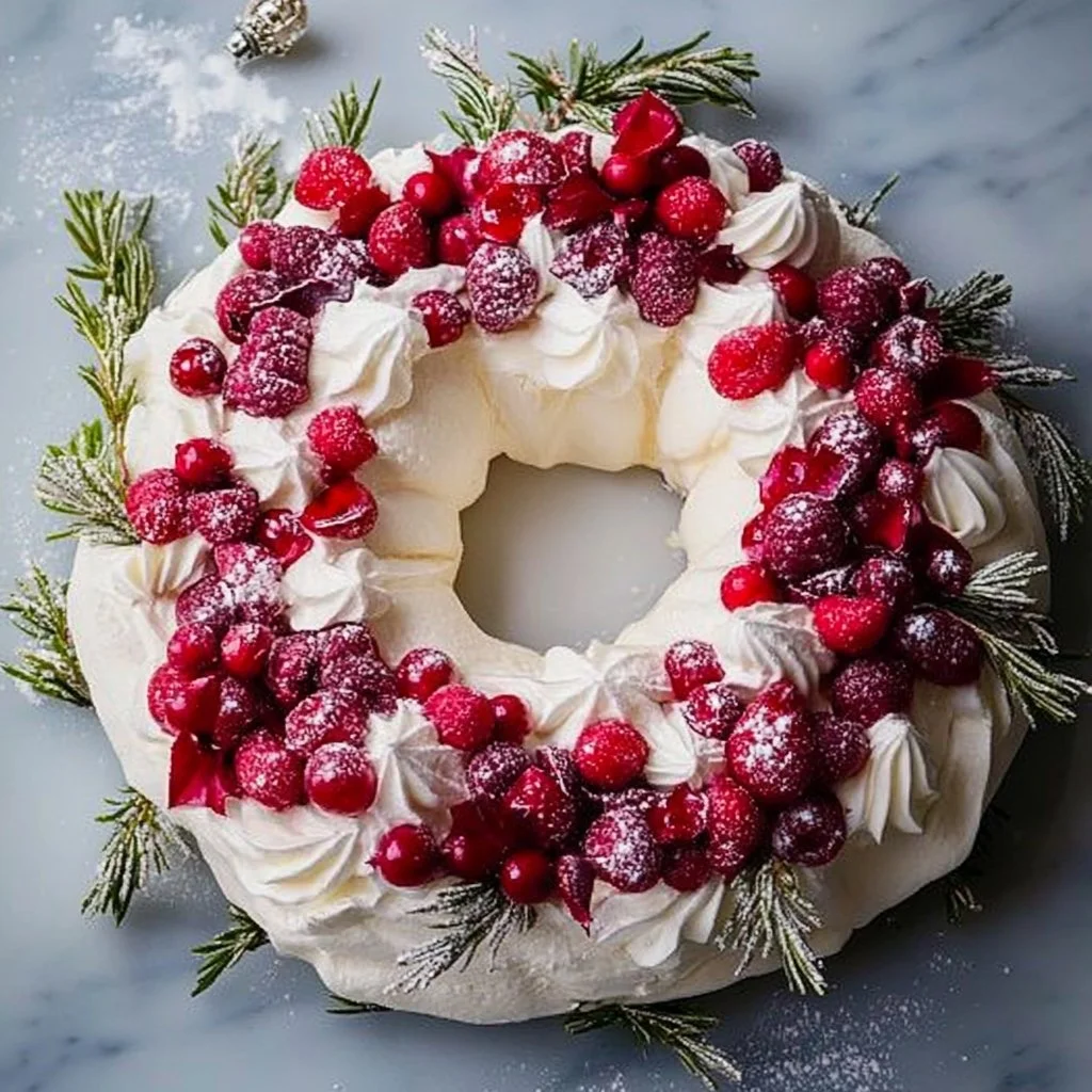 A beautiful Christmas Wreath Pavlova decorated with fresh fruits and cream.