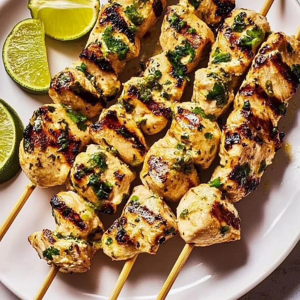 Cilantro-Lime Chicken Skewers garnished with fresh cilantro and lime slices