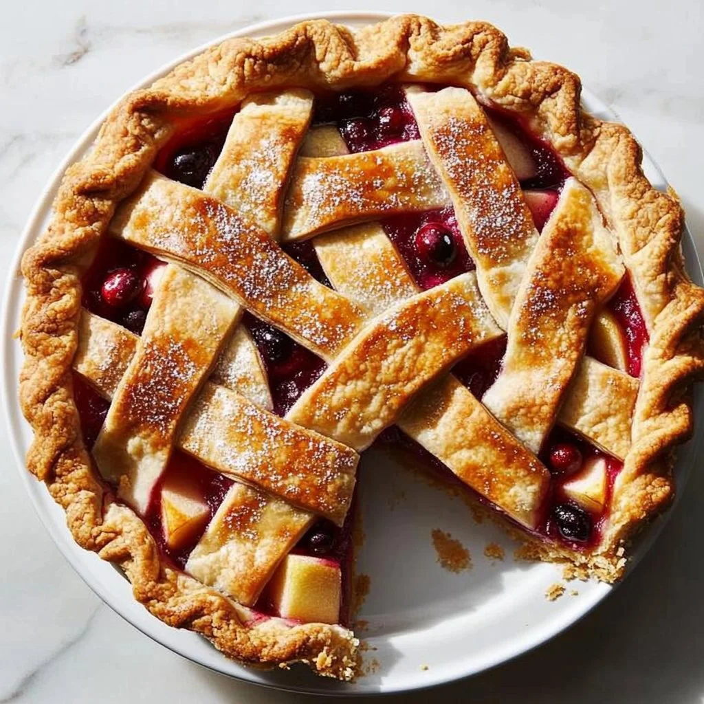 Freshly baked Cranberry Apple Pie with golden crust and vibrant fruit filling