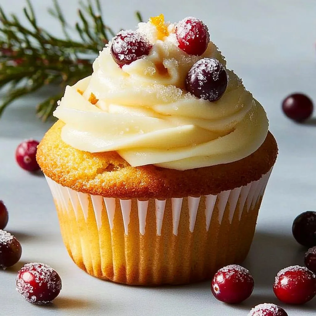 Beautifully decorated Cranberry Bliss Cupcakes topped with cream cheese frosting.
