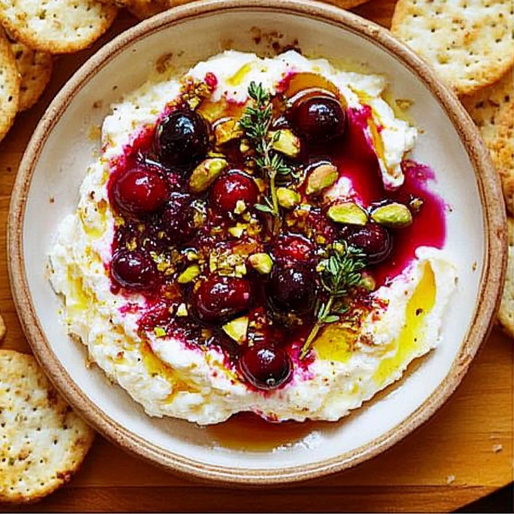 Delicious cranberry whipped feta dip served in a bowl with crackers