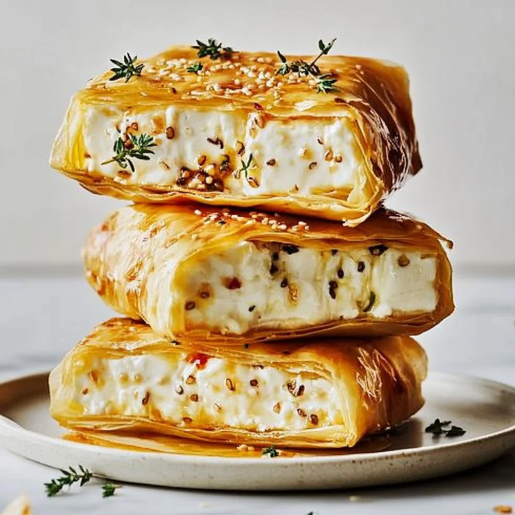 Delicious crispy feta pockets served on a plate garnished with herbs