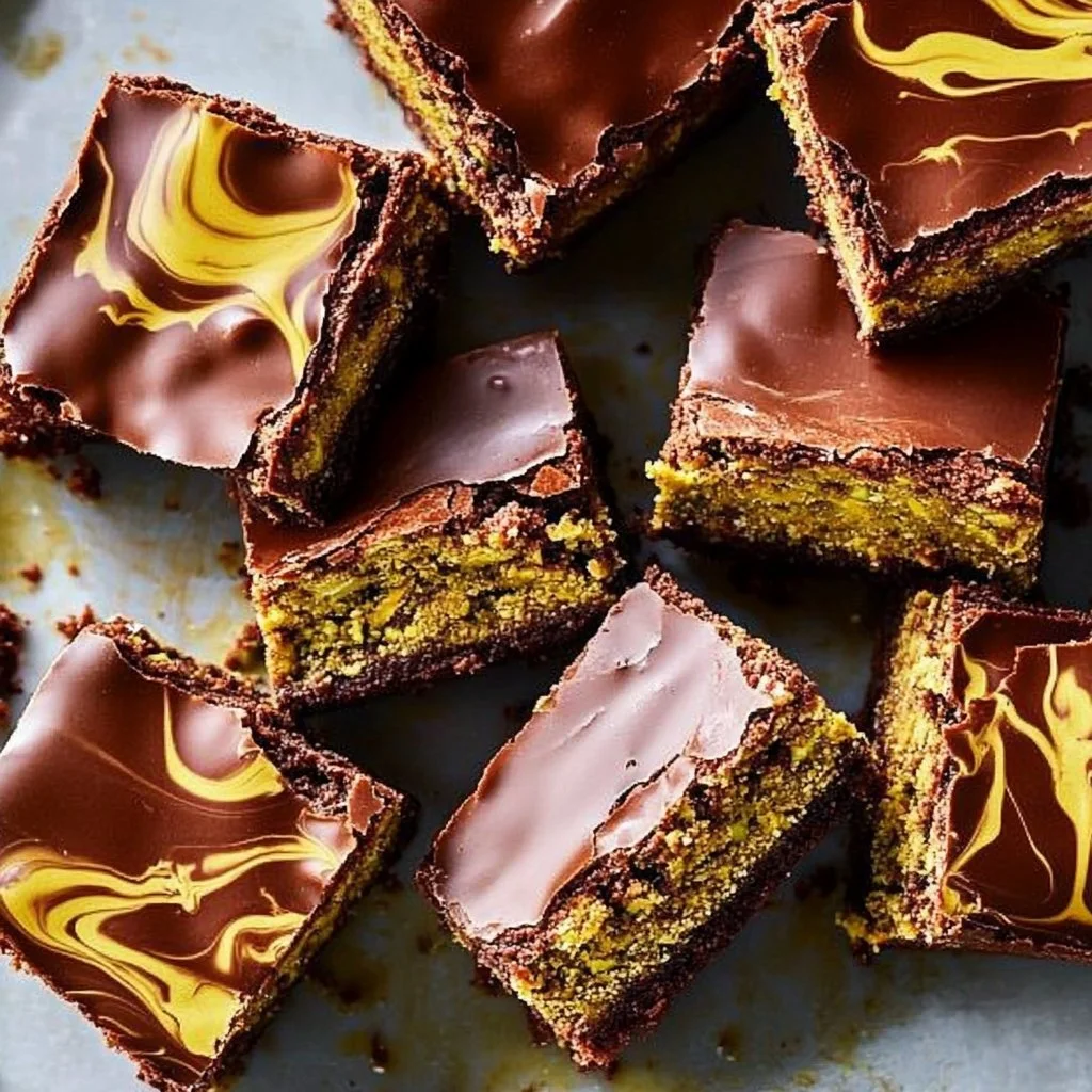 Collection of rich and indulgent Dubai chocolate brownies on a white plate