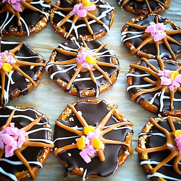 Halloween chocolate pretzel spider webs decorated for a spooky treat