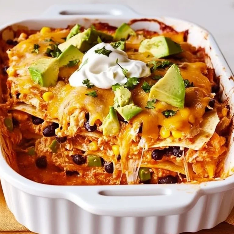Delicious enchilada casserole with layers of tortillas, cheese, and sauce.