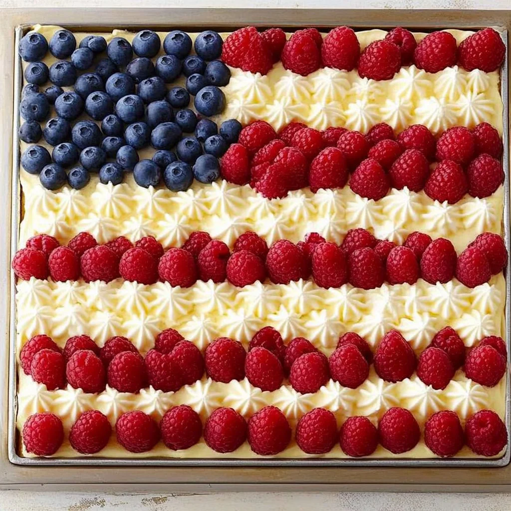 A beautiful homemade Flag Cake decorated with red, white, and blue frosting.