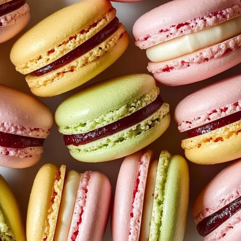 Colorful assortment of homemade French Macarons on a white background.