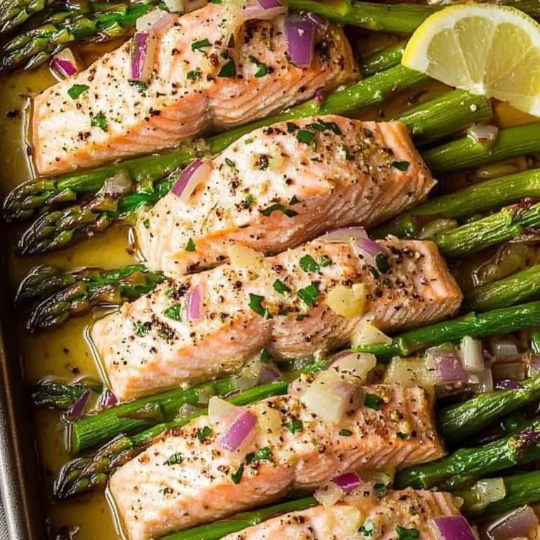Garlic Butter Salmon served with asparagus and onions on a white plate