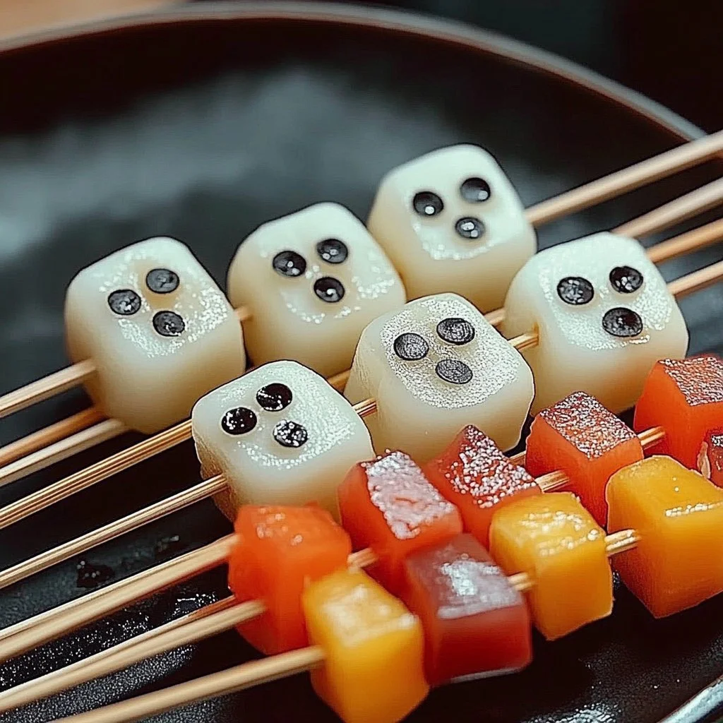 Spooky ghost fruit skewers with bananas, grapes, and chocolate eyes for Halloween