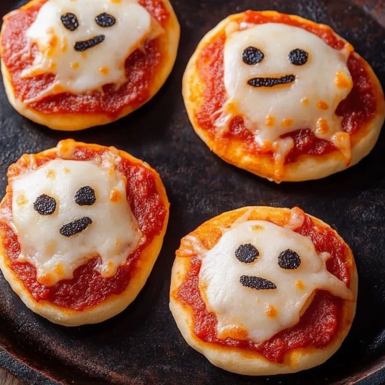 Ghost Pizza Bagels topped with cheese and pepperoni, perfect for Halloween parties.