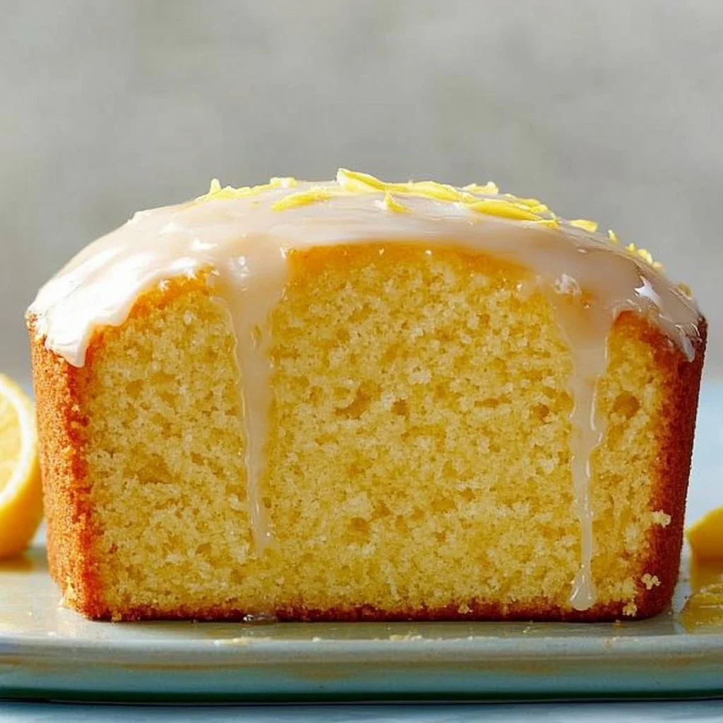 Glazed Lemon Olive Oil Pound Cake slice on a plate with a lemon garnish