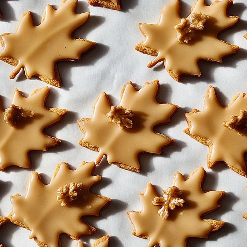 Delicious glazed maple leaf cookies on a plate with decorative leaves