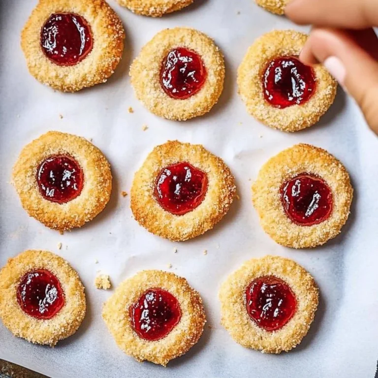 Homemade gluten-free almond thumbprints filled with jam.