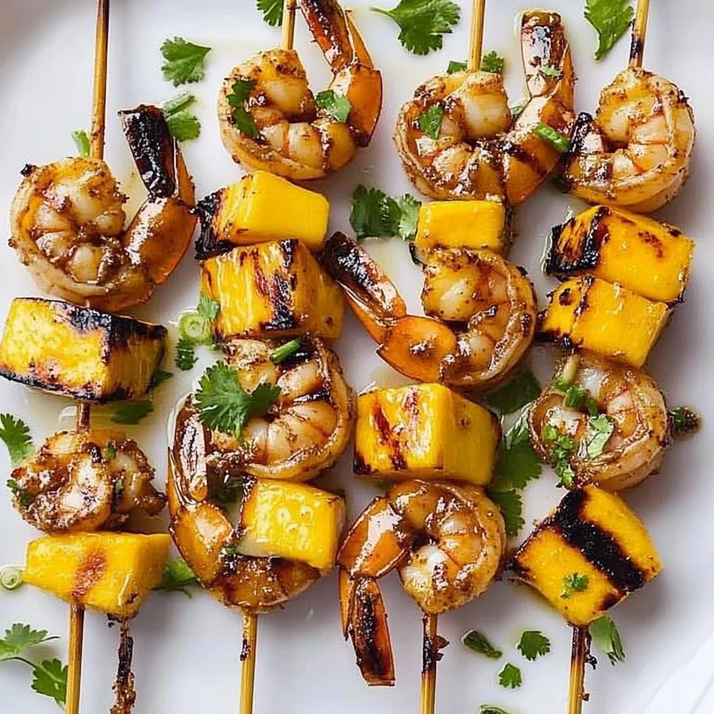 Grilled shrimp and mango skewers on a platter