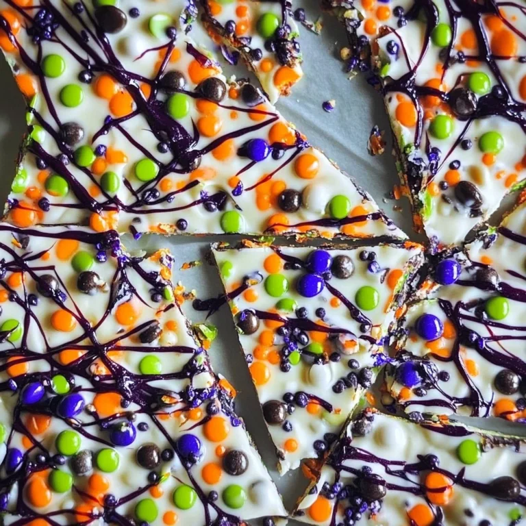 Colorful Halloween Candy Bark topped with assorted Halloween candies