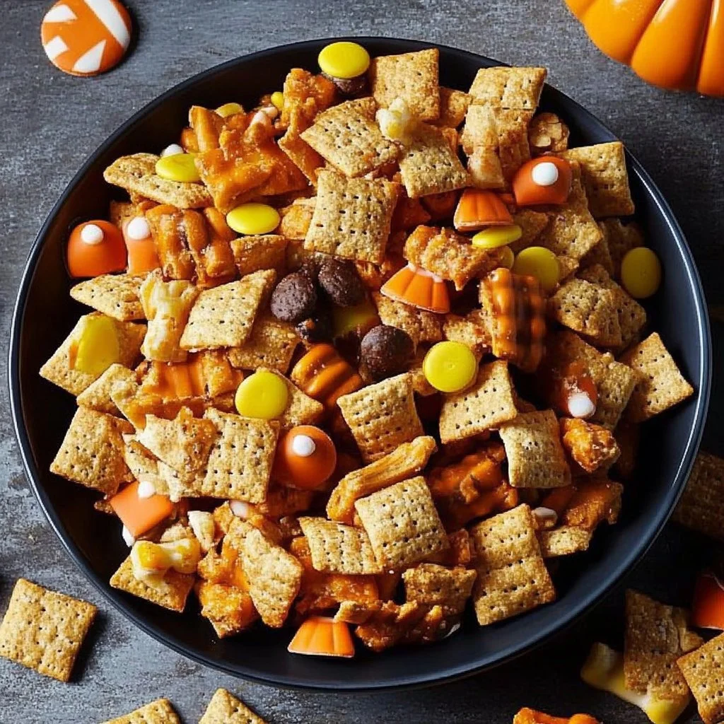 Colorful Halloween Chex Mix with candy corn and Halloween-themed treats