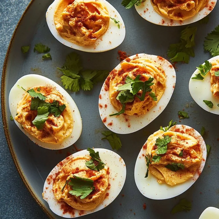 Plate of Harissa Deviled Eggs garnished with herbs and spices