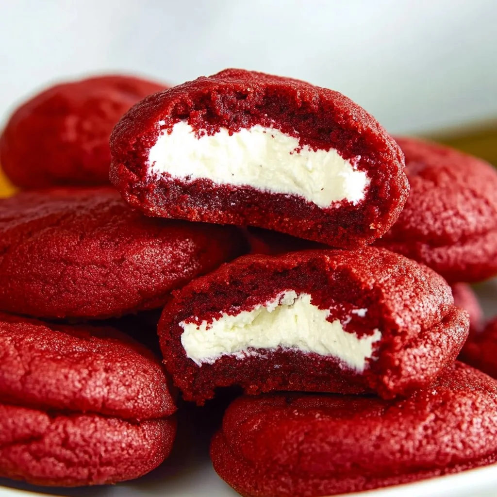 Freshly baked inside-out red velvet cookies with cream cheese filling