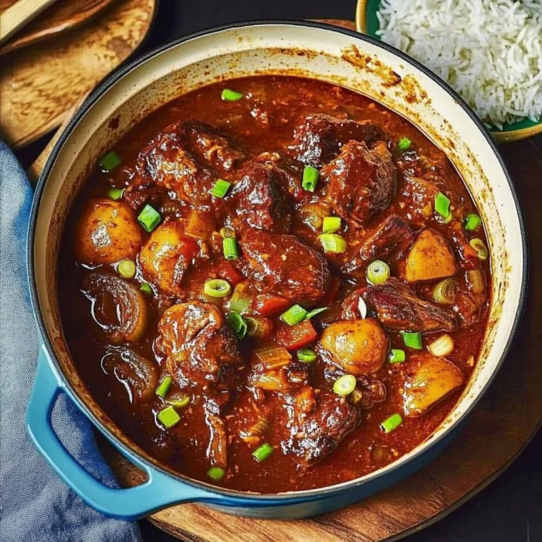 Bowl of delicious Jamaican Oxtail Stew served with rice and vegetables