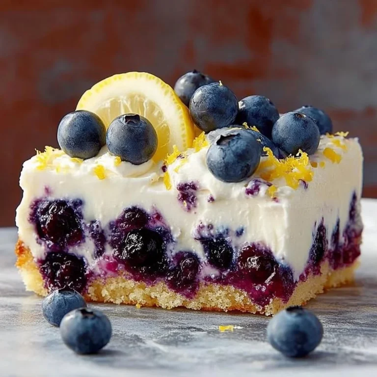 Delicious Lemon-Blueberry Poke Cake topped with fresh blueberries