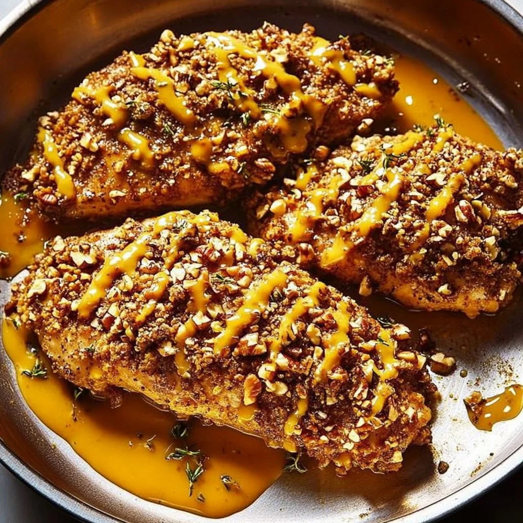 Maple Pecan-Crusted Chicken served on a plate with herbs