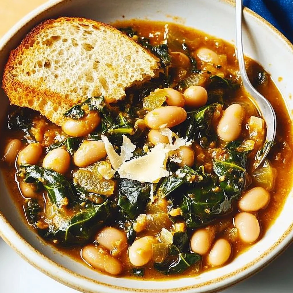 Bowl of Mediterranean white beans and greens garnished with herbs