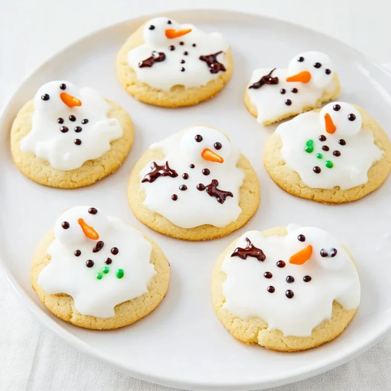 Festive melted snowman cookies decorated with icing and chocolate chips.