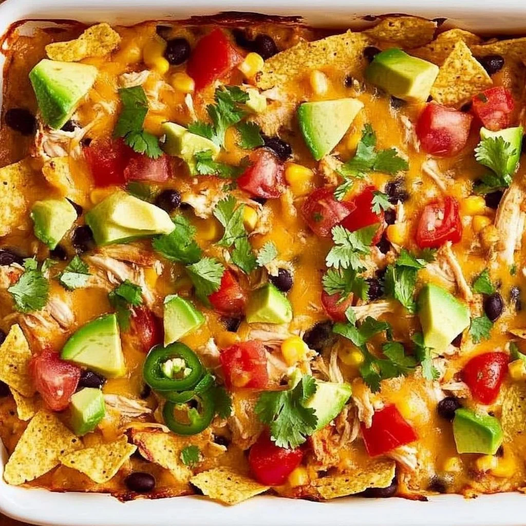 Delicious Mexican Chicken Casserole topped with melted cheese and served in a baking dish.