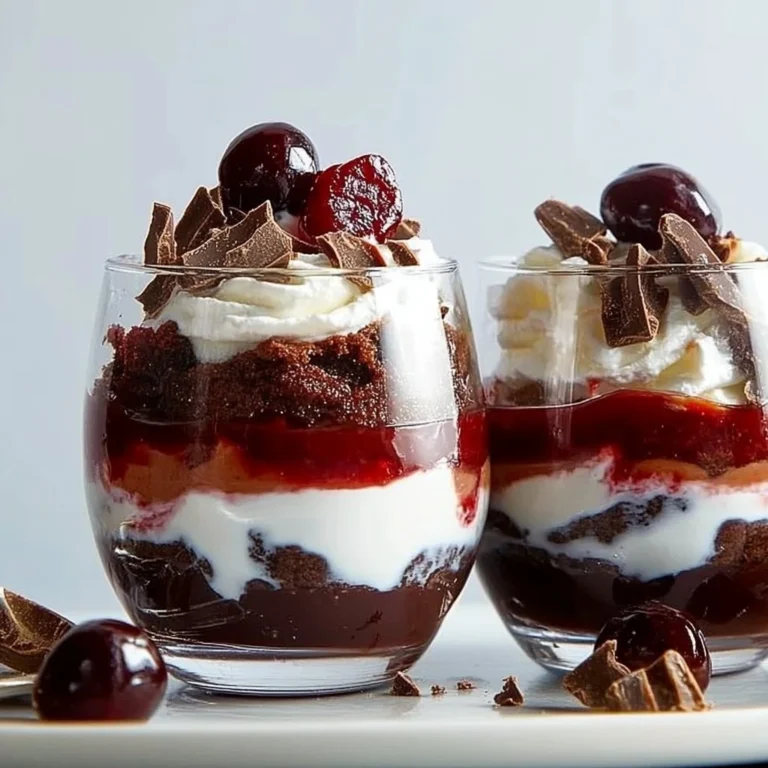 Mini Black Forest Trifles with layers of chocolate, cream, and cherries