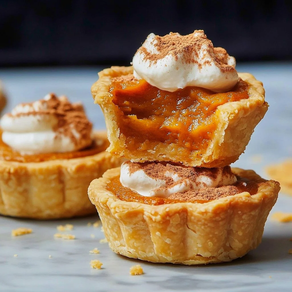 Mini pumpkin pies with whipped cream on a dessert plate