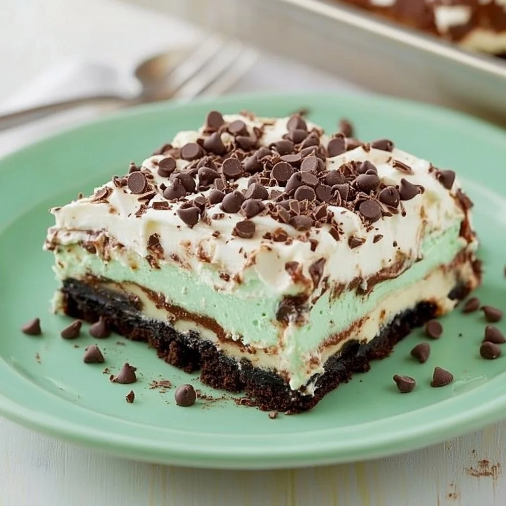 Mint Chocolate Cheesecake Lasagna dessert in a serving dish